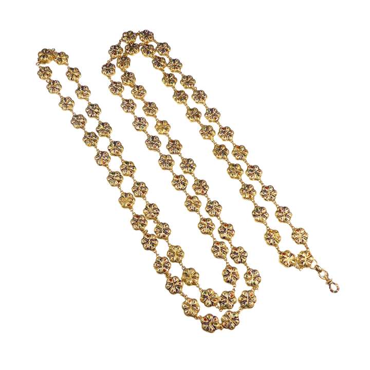 Gold and enamel florette link long chain necklace